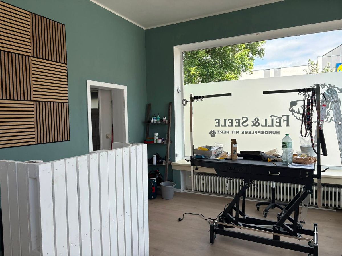 Blick in den Salon mit Pflegetisch am Fenster und Akustikpaneelen an der Wand